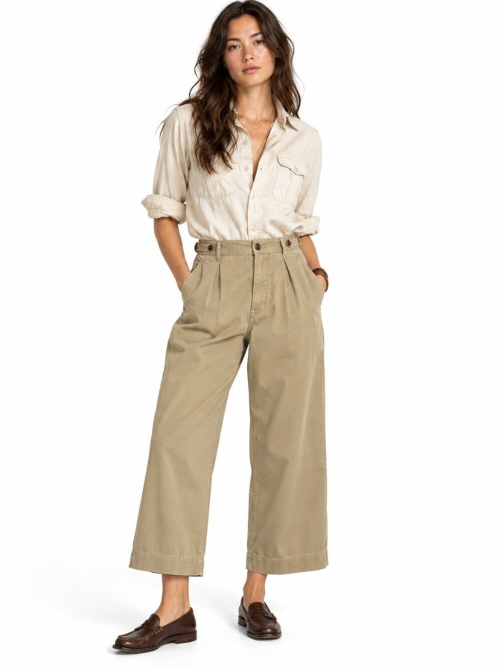 RRL Ralph Lauren Cropped Cotton Wide Leg Pants New Military Khaki 28